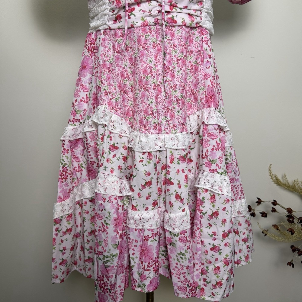 Cottagecore Dress Patchwork Lace Ruffle Pink Floral Mini Coquette Milkmaid M - Picture 3 of 7